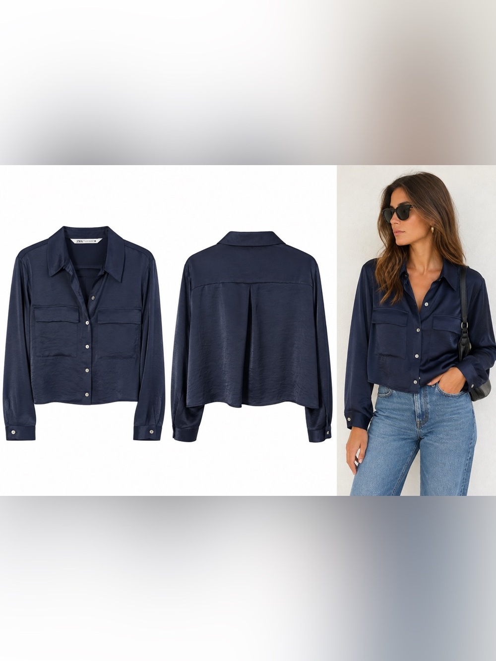 Zara Navy Satin Button-Down Shirt